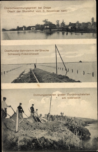 Ak Drage in Noord-Friesland, overstroming na stormvloed in 1911, spoordijk, afdichtingswerkzaamheden
