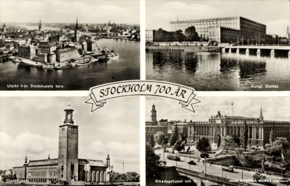 KP Sztokholm Szwecja, Stadshuset, Kungl. Slottet, Riksdagshuset, Norrbro, 700 lat Sztokholmu