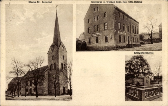 Ak Obhausen im Saalekreis, Kerk van St. Johanni, Inn z. Welßen Roß, Oorlogsmonument