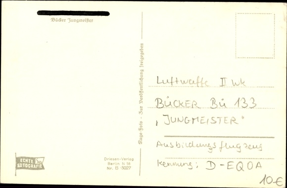 Postcard German military aircraft, Bücker Jungmeister Bü 133, D EQOA, Luftwaffe