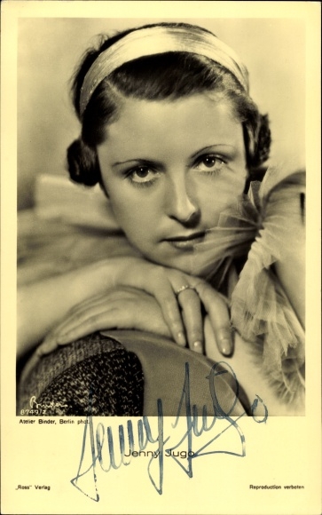 Postcard actress Jenny Jugo, portrait, hairband, ring, autograph