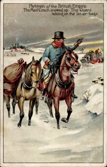 Künstler Ak Postbeamte des Britischen Empire, eingeschneite Postkutsche, Posttransport mit Pferden