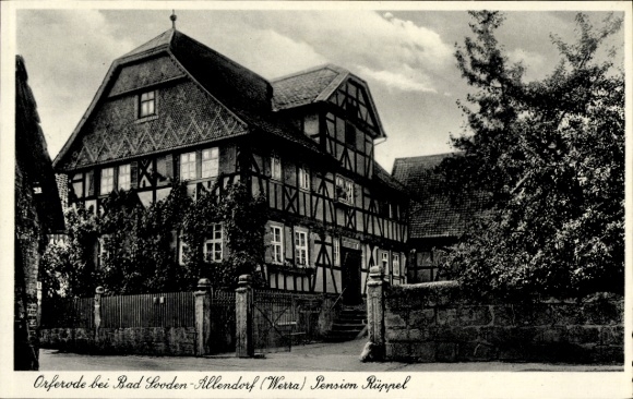 Postcard Orferode Bad Sooden Allendorf in Hessen, Pension Rüppel, half-timbered house