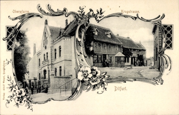 Ak Ditfurt am Harz, Oberpfarre, Krugstrasse, alte Gebäude, Blumendekor