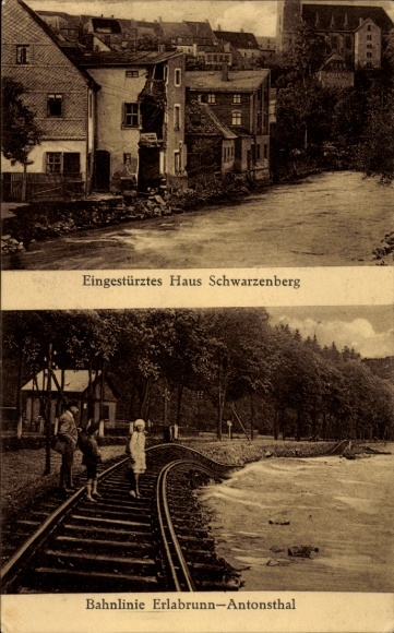 Picture PC Schwarzenberg in the Ore Mountains of Saxony, flood 1931, railway line Erlabrunn - Antonsthal