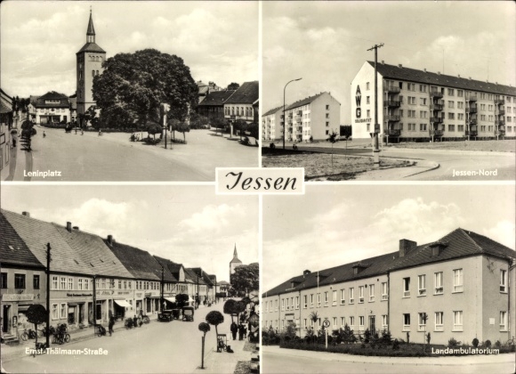 Ak Jessen an der Elster, Leninplatz, AWG-nederzetting Jessen Nord, Ernst-Thälmann-Str., polikliniek
