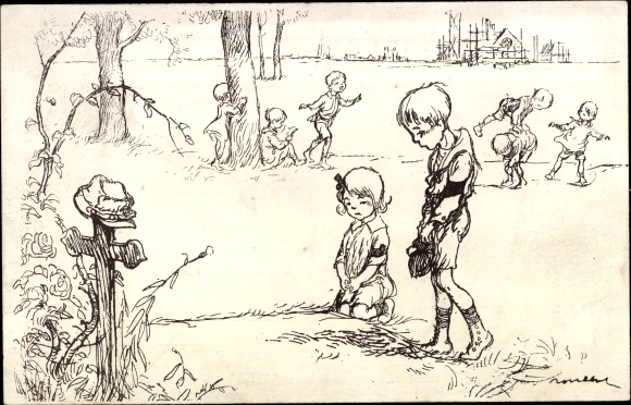 Artist PC Poulbot, Francisque, children, cross, grave, prayer