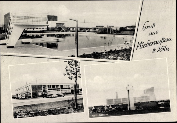 Postcard Niederaussem Bergheim in the Rhine Erft district, swimming pool, junior high school, cath. Church