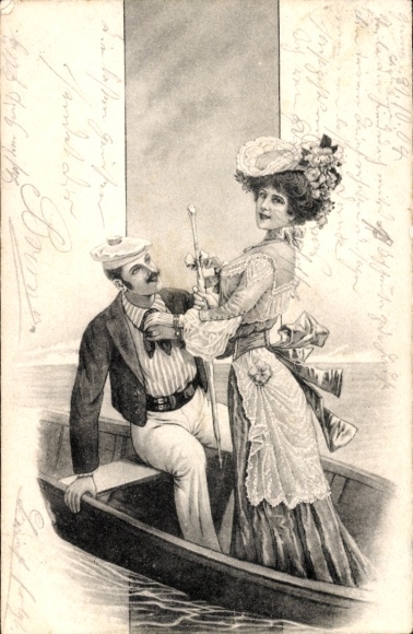 Artist Postcard Lady with Venetian Gondolier, Dress, Hat, Erotic, Sect Leaves for a Happy Mood
