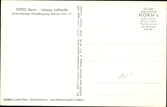 Postcard Luftwaffe, fighter plane Dornoer DO 17, 54 F37