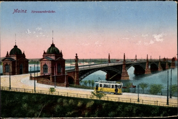 Postcard Mainz am Rhein, Mainz street bridge, bridge, tram, water, trees