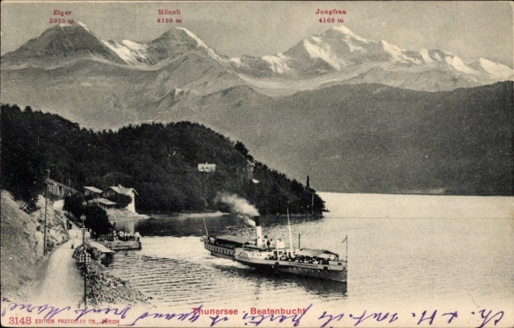 KP Gunten nad jeziorem Thun, kanton Berno, jezioro Thun, Beatenbucht, Eiger, Mönch Jungfrau, parowiec salonowy