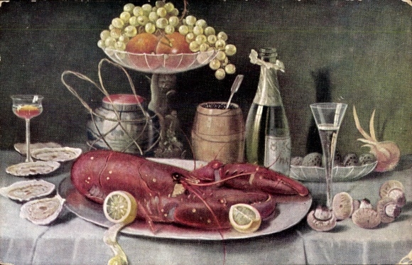Artist Postcard still life, lobster, champagne, oysters, mushrooms, grapes