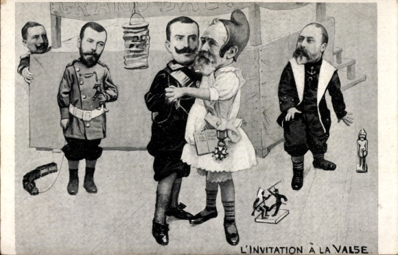 Postcard L'Invitation à la Valse, Emile Loubet, Viktor Emmanuel III, Edward VII, Tsar Nicholas II, Emperor