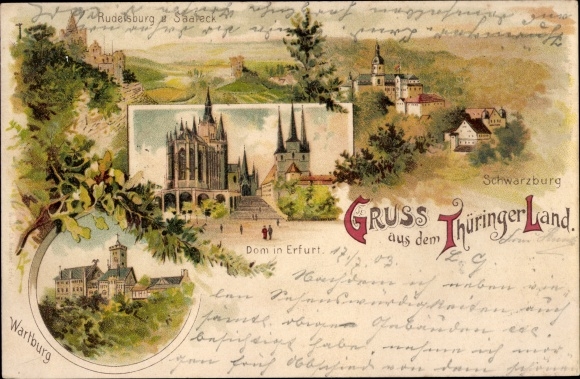 Chromo-Litho Bad Kösen Naumburg in Thuringia, Schwarzburg, Rudelsburg and Saaleck, Erfurt Cathedral, Wartburg