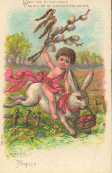 Glitter Chromo-Litho Congratulations Easter, child riding on Easter bunny, pussy willow