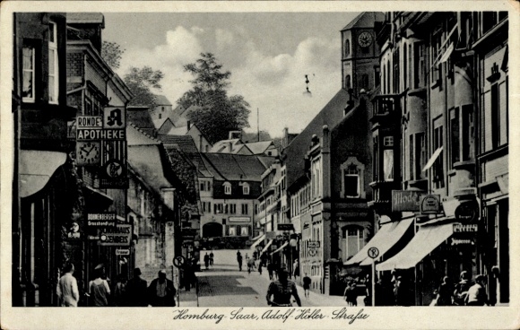 Ak Homburg in Saarland, Adolf Hitlerstraat, apotheek, groothandel Bohnenberger, winkels