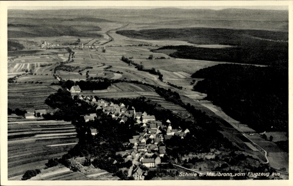 Postcard Schmie Maulbronn in the Enzkreis, aerial view of Schmie, fields, mountains, horizon