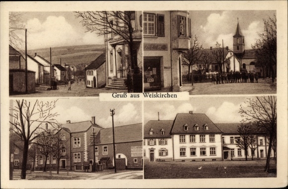 Postcard Weiskirchen in Saarland, Hotel Hofhaus, church, partial views, shop