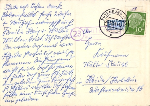 Krajowy stempel pocztowy (23) Bülstedt w Dolnej Saksonii przez Rotenburg na pocztówce, ofiara nagła 24.12.1955