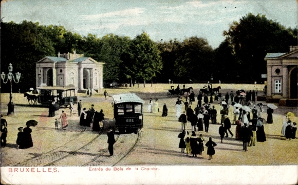 Postcard Bruxelles Brussels, L'Entree du Bois de la Cambre, tram no. 201