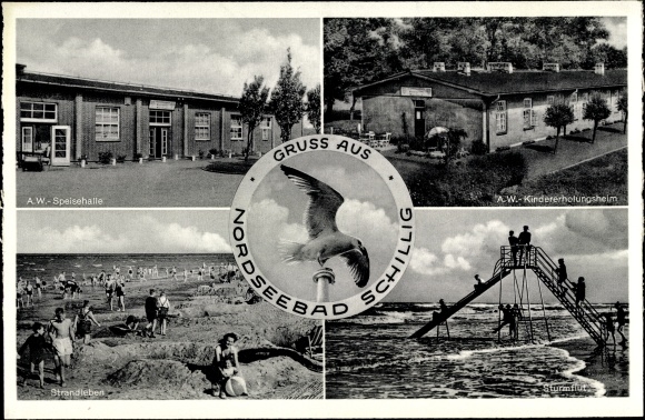 Postcard Schillig Wangerland in Friesland, dining hall, children&#39;s convalescent home, slide, beach life, seagull