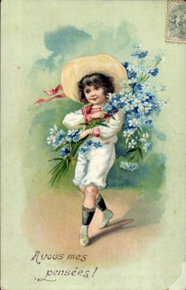 Chromo-Litho boy with forget-me-not, portrait