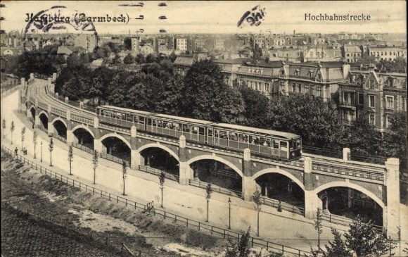 Postcard Hamburg Nord Barmbek, elevated railway line, elevated railway in motion