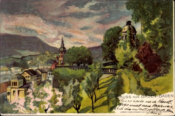 Artist Chromo-Litho Graf, G., Baden Baden in the urban district of Baden Württemberg, panorama of the place