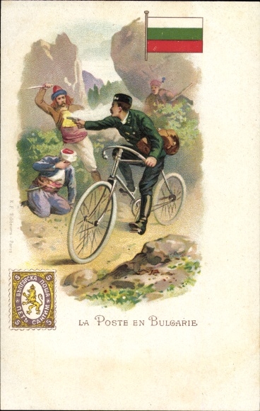 Postage stamps Chromo-Litho Bulgaria, La Poste en Bulgarie, postman on bicycle with gun, national costumes