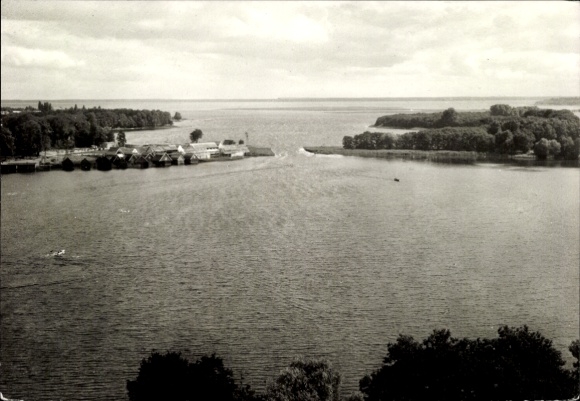 Postcard Röbel on the Müritz, view of water landscape, boathouses, clouds, trees