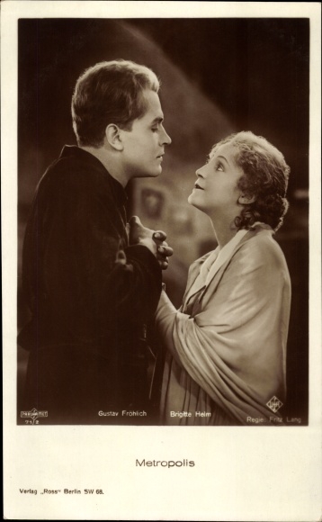 Ak Filmszene Metropolis, Schauspielerin Brigitte Helm, Gustav Fröhlich, Regie Fritz Lang