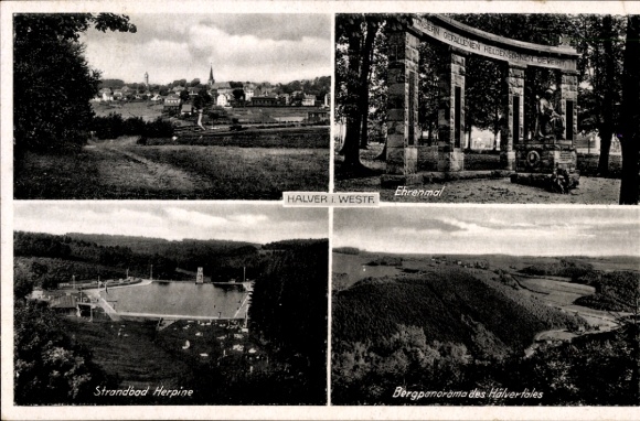 Ak Halver in Westfalen, Gesamtansicht, Ehrenmal, Strandbad Herpine, Bergpanorama des Hälvertales