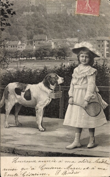 Postcard girl with badminton racket, dog