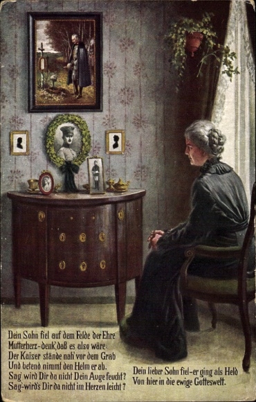 Artist Postcard Mother mourns her deceased son