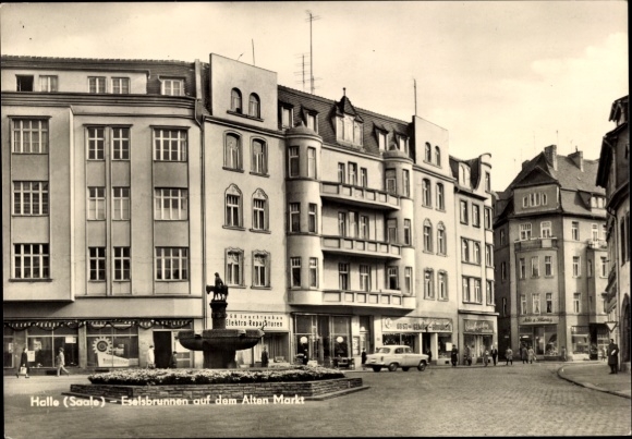Postcard Halle an der Saale, donkey fountain, old market, 1950s architecture, car