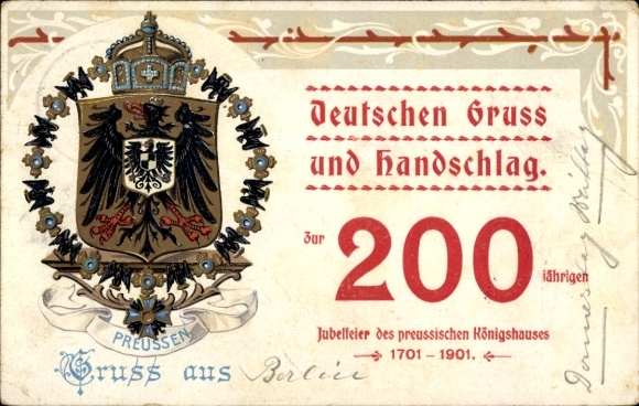 Glitter coat of arms litho German greeting and handshake, 200 years of the Prussian Royal House 1901