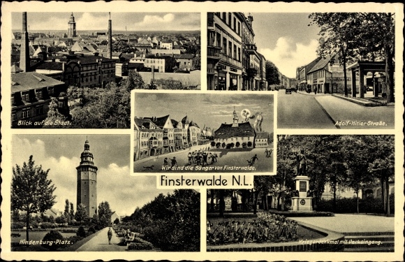 Ak Finsterwalde in der Niederlausitz, Hindenburg Platz, Kriegerdenkmal, Adolf Hitler Straße, Park