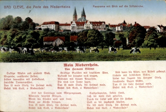 Ak Bad Cleve Kleve am Niederrhein, Panorama mit Stiftskirche, Kühe auf der Wiese, Gedicht über de
