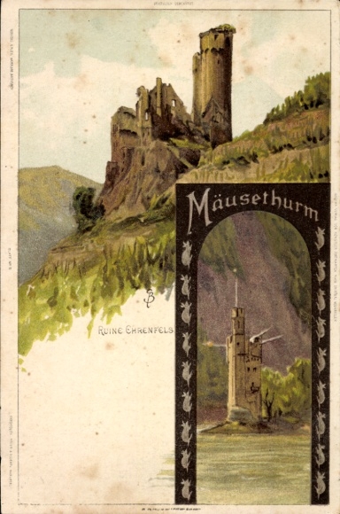 Artist Chromo-Litho Biese, C., Bingerbrück Bingen am Rhein, Ruin Ehrenfels, Mouse Tower