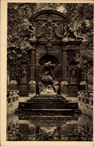 Ansichtkaart Parijs VI, Jardin du Luxembourg, Fontaine Médicis, tuin, water, sculpturen