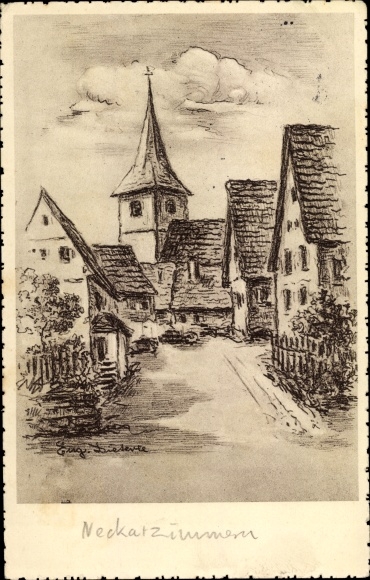 Artist PC Dieterle, Eug., Neckarzimmern Neckar Odenwald district, street section with a view of the church