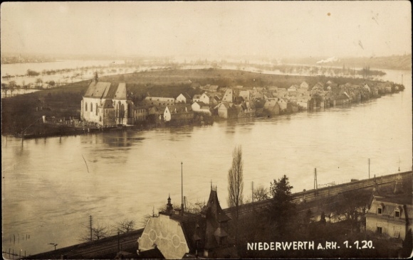 Photo Postcard Niederwerth am Rhein, flood 1 January 1920, Panorama