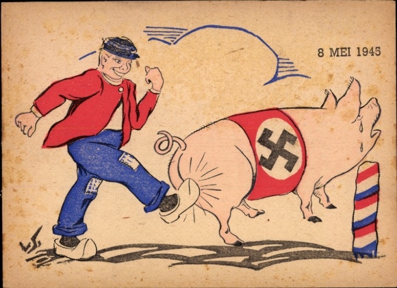 Künstler Ak 8. Mai 1945, Befreiung der Niederlande, Mann tritt Schwein mit Hakenkreuz, Anti Hitler