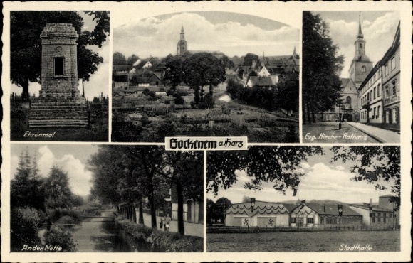 Ak Bockenem am Harz, Stadthalle, Ehrenmal, Evangelische Kirche, Rathaus