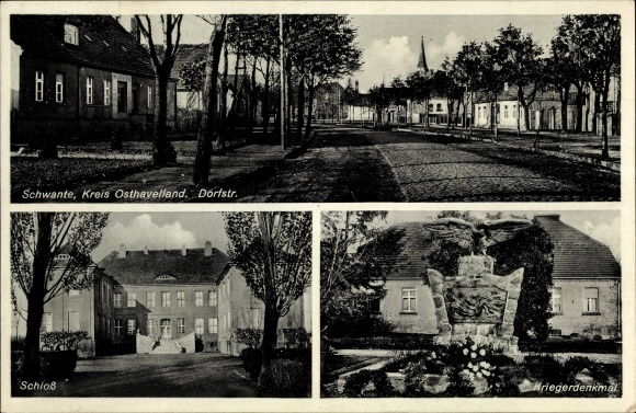 Postcard Schwante Oberkrämer in the Mark Havelland, Dorfstraße, castle, war memorial