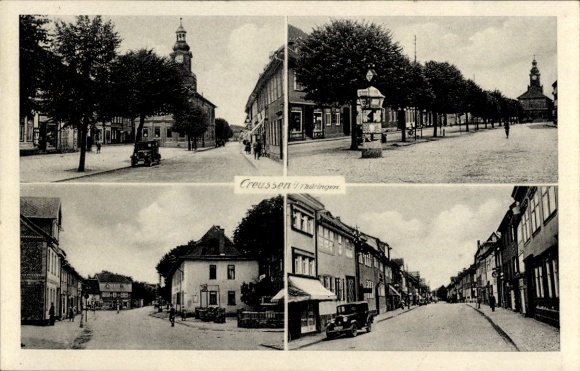 Ak Greußen in Thüringen, Teilansichten, Rathaus, Straßenpartie, Litfaßsäule