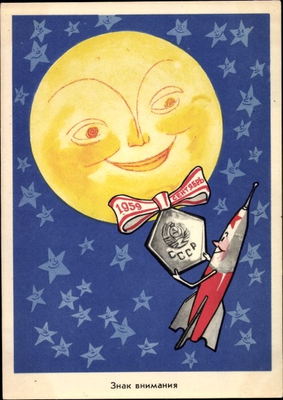 Artist PC Sovjet Space Travel September 1959, Lunik ruimtevaartuig nabij de maan, SSSR