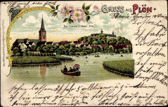 Litho Plön in Schleswig Holstein, Der kleine Plöner See, Ruderboot, Kirche