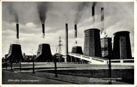 Postcard Bitterfeld in Saxony Anhalt, industrial area, high chimneys, factories, antique, German